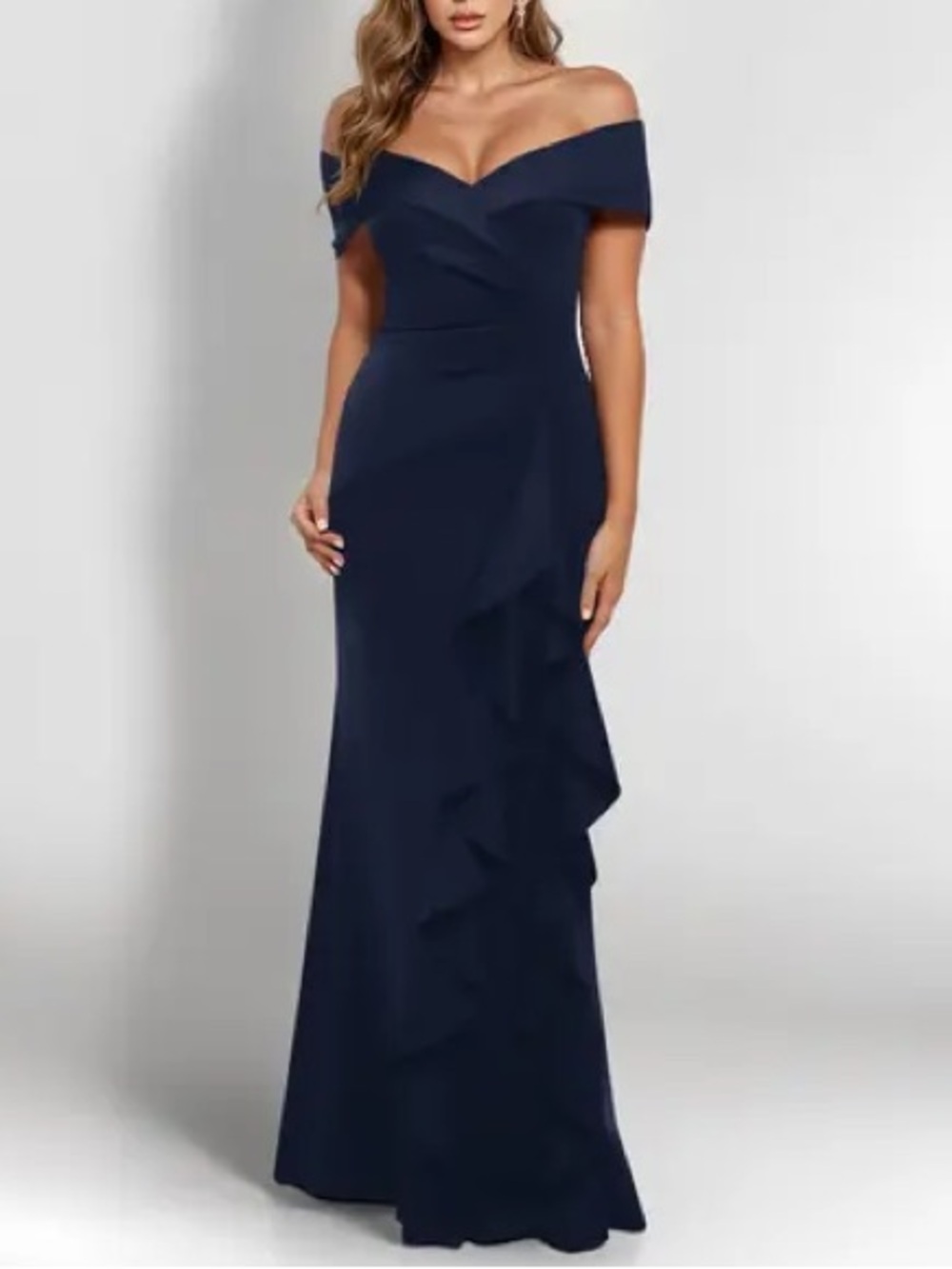 XSCAPE Long Scuba Off-The-Shoulder Ruffle Dress. Size 12 Women #428